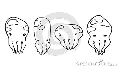Hand drawn engraving octopus. Set of four octopuses of different shapes. Coloring page. Stock Photo